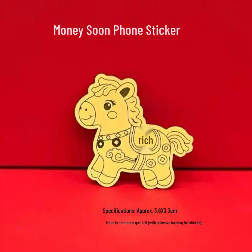 Year of the Horse Lucky Mobile Sticker: Rich Fortune God of Wealth Talisman with Imitation Gold Leaf – Cartoon Gift. 3.6x3.3 cm