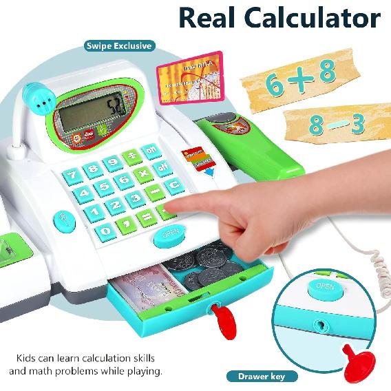 HERSITY Kids Toy Cash Register with Scanner and Microphone, Pretend Play Money Electronic Calculator Realistic Children's Supermarket Cashier Games