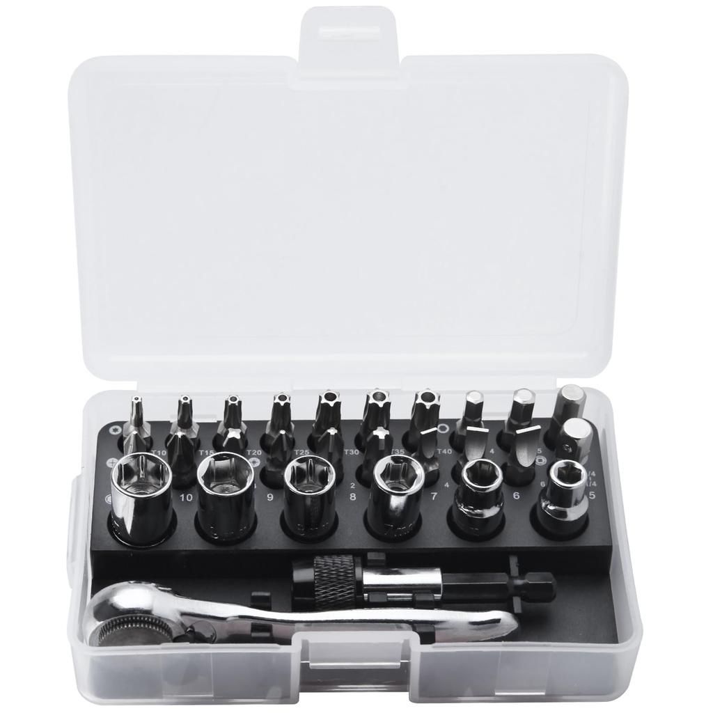 SPEEDWOX Ratchet Driver Includes Socket Slotted Hex Wrenches Flathead and Phillips Offset and Offset Motorcycle Tool Kit 28-Piece Set, 1/4" Bits,