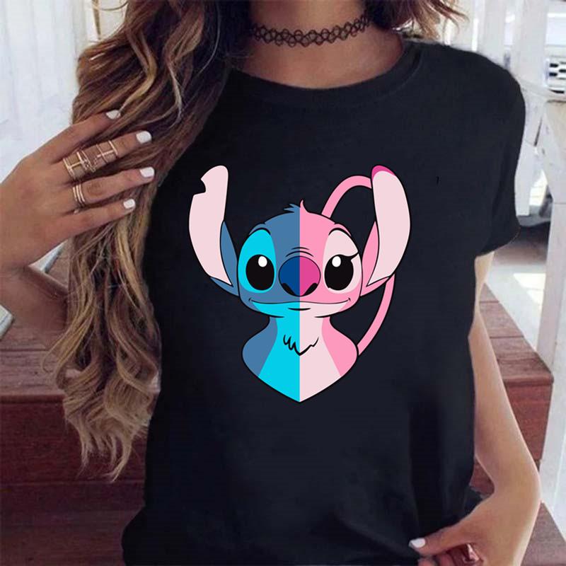 New Fashion FeUnisex Clothing Cartoon Disney Stitch Womens Tshirt Summer Short Sleeve Black Tops