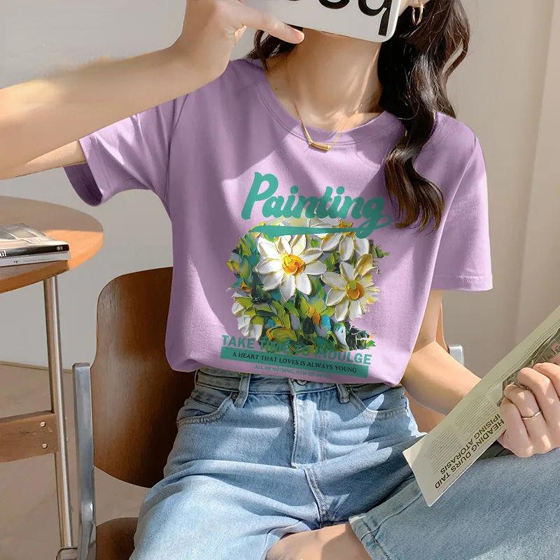 

Літня жіноча вільна бавовняна футболка з короткими рукавами із зеленим квітковим принтом XXL фіолетовий