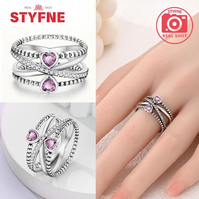 Unendliche Liebe Schmuck Schwarz & Rosa Herz Glänzende Zirkon Ringe Mode Neu 925 Silber Damenringe für Valentinstagsgeschenk