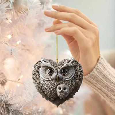 Owl Ornament Love Heart Shape Couple Owl Hanging Decoration 2D Acrylic Xmas