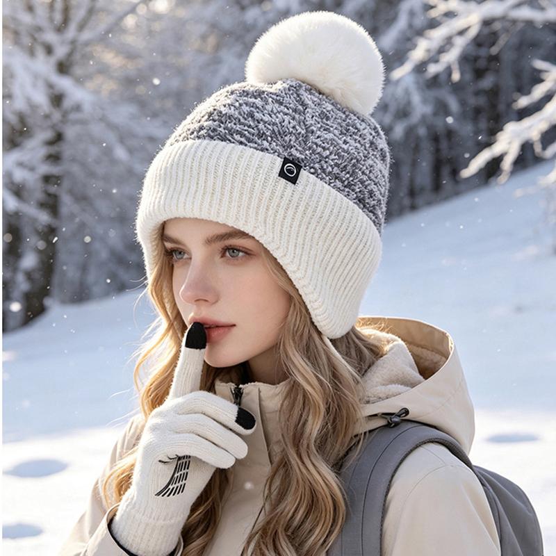 Winter Knit Pom Pom Beanie and Touch Screen Gloves Set for Women Warm Ear Flap Hat 2 Piece