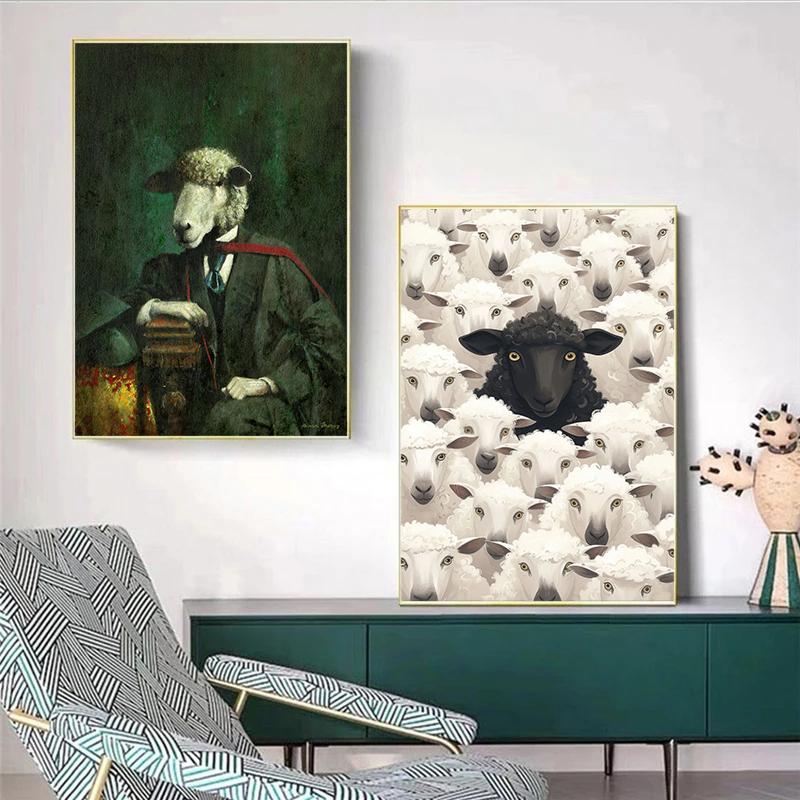 Sheep Black Sheep White Sheep With Bow Tie Posters and Prints Canvas Painting Wall Art Pictures Home Room Modern Travel Decor