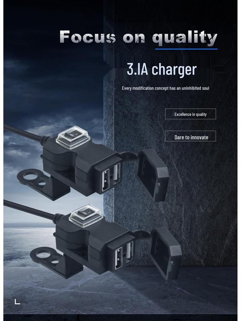 Slim Waist Dual-Port 12V USB Charger with Rearview Mirror & Handlebar Mount for Motorcycles