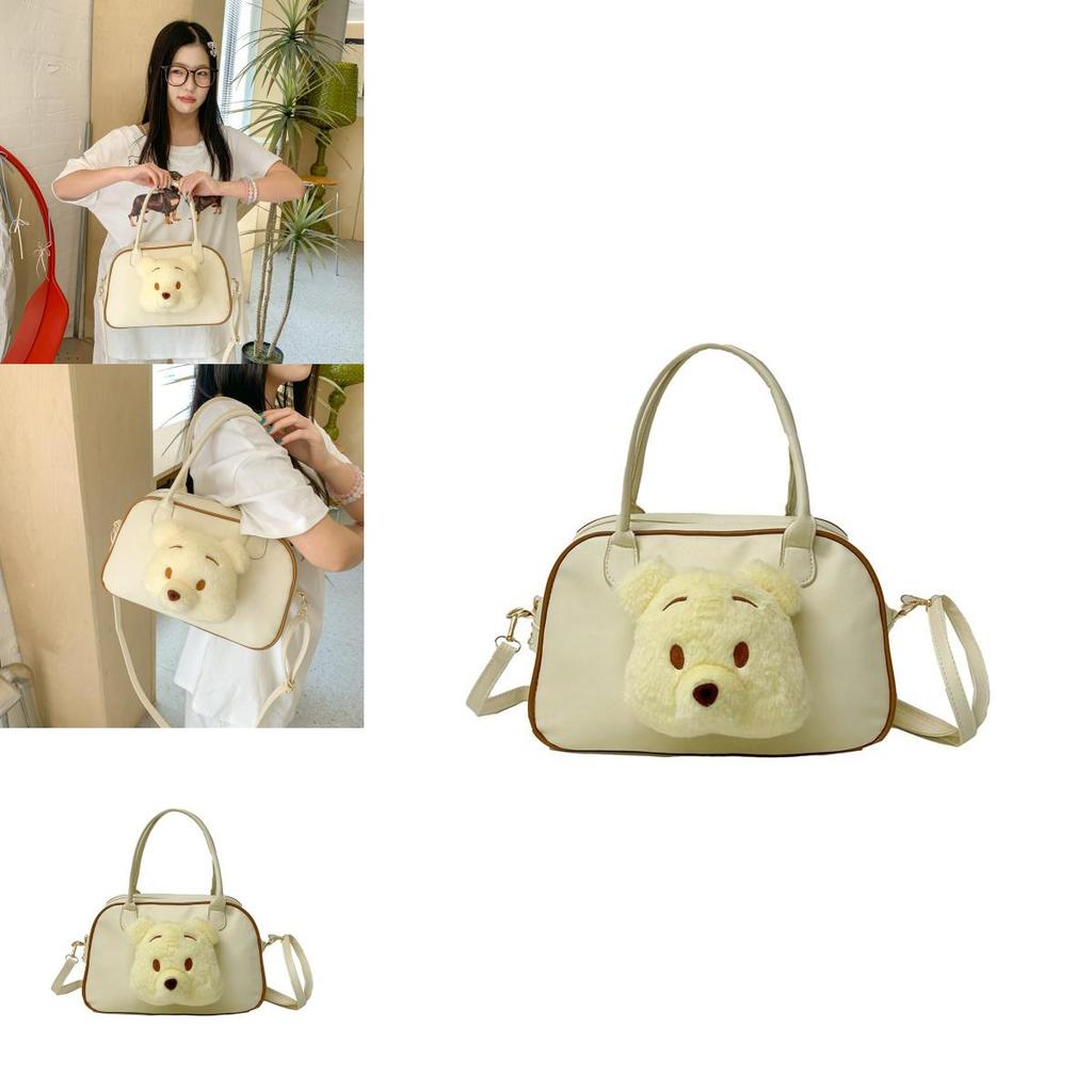 Pooh Bear Plush Doll Decoration Women Tote Bag With Transparent Compartment For Campus And Daily