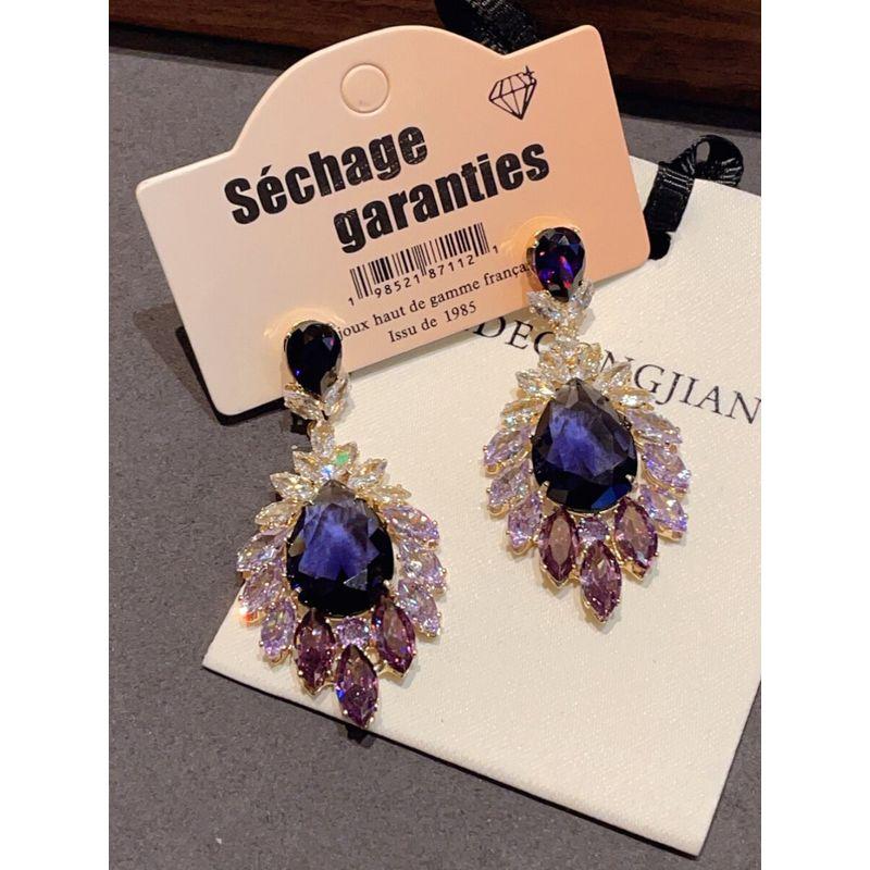 Fashion Fashion Zircon Gradient Purple Droplet Earrings Catwalk Dress Super Flash Earrings 925 Silver Needle Female Ear Rings