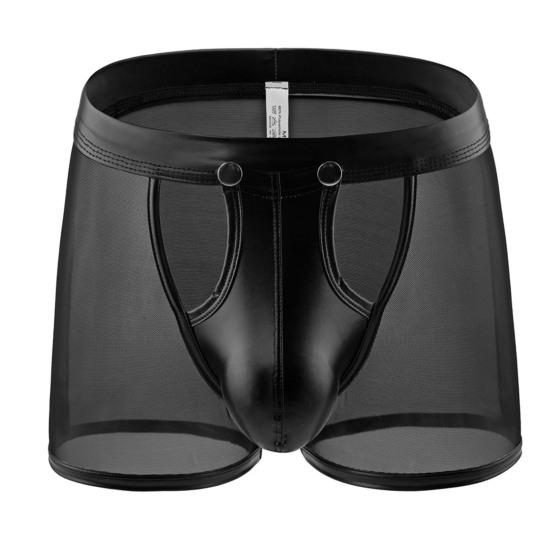Sexy Herren-Unterhose, leicht zu öffnen, hohl, niedrige Taille, durchsichtiges Netz, Kunstleder, Patchwork, dünn, weich, atmungsaktiv, Boxershorts für Männer