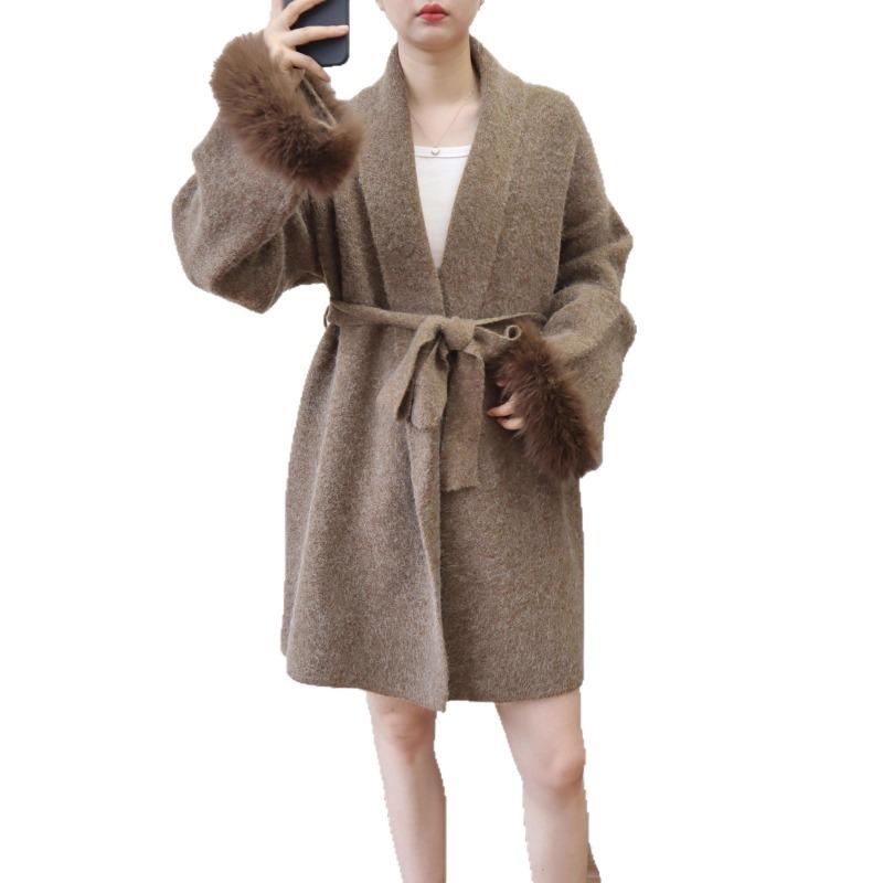 Thickened splicing wool sleeve lace-up knitted cardigan autumn and winter new temperament high-end sweater jacket women