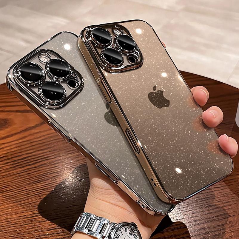 Capa de Luxo Glitter Transparente PC Banhada para iPhone 16 15 14 Pro Max Plus 13 11 12 Bling Clara À Prova de Choque Ultrafina