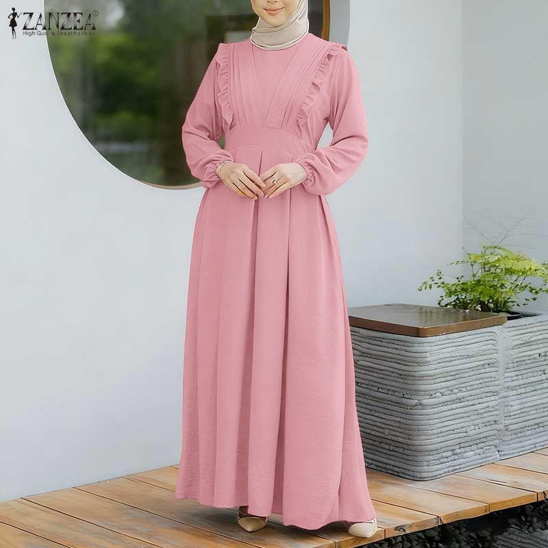 ZANZEA Muslim Casual Round Neck Long Sleeve Women Dresses