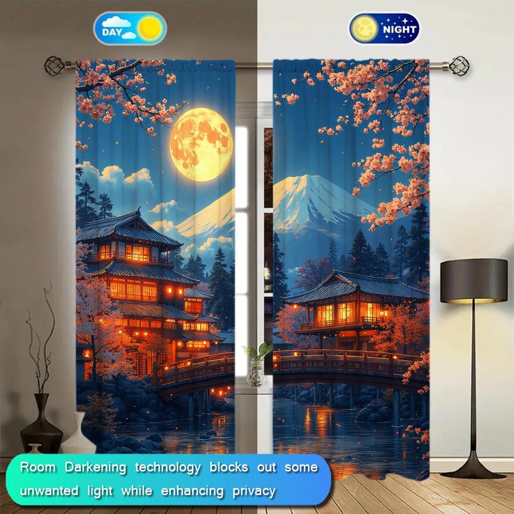 2pcs The Lights of Mount Fuji Town Under Printed Curtains   Shade and Privacy Protection   Suitable for Decorating Various Rooms