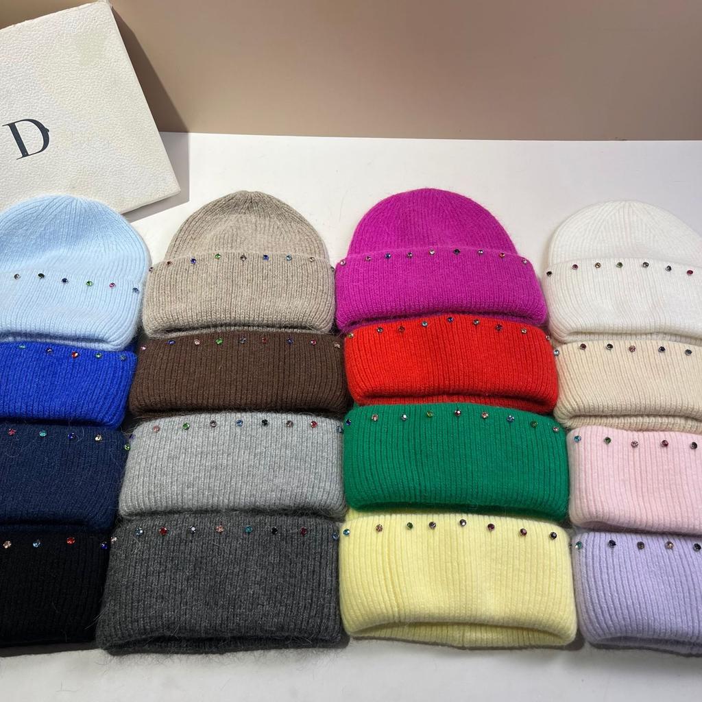 Russian Winter Warm Rabbit Hair Knitted Hat Celebrity Light Luxury Small Diamond Double Fold Wool Hat Women'S Outdoor Windproof