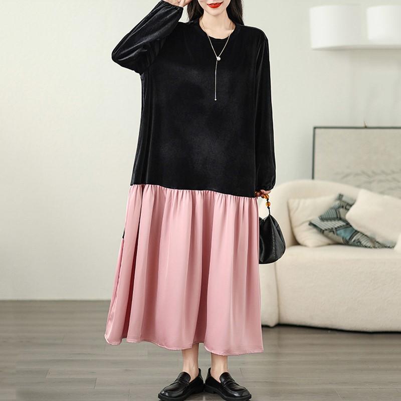 

Длинный рукав Большие размеры бархат винтажные новые платья для женщин повседневное свободное платье весна-осень 4XL розовый