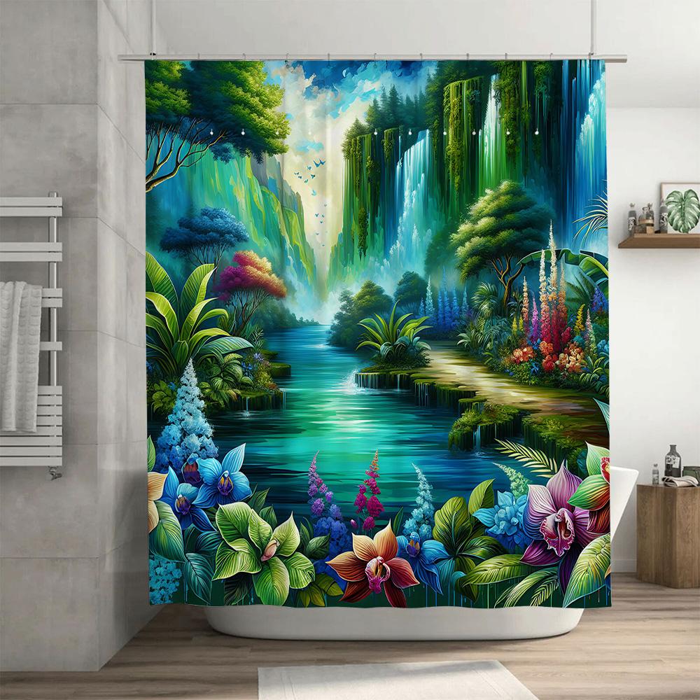 Fantasy Forest Shower Curtain Waterproof Bath Decoration Green Leaves Flowers Print 180X240Cm (B36)