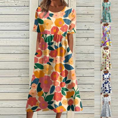 Women's Casual Dresses Printed Dresses Summer Dresses Printed Pleated Round Neck Midi Dresses Basic Classic Outdoor Daily Short Sleeve Loose Dresses