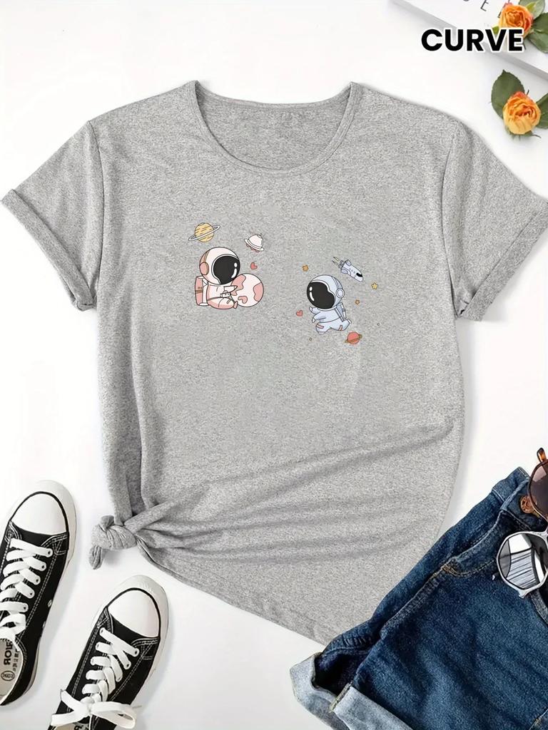 Kurzarm Cartoon Weltraum Design Lässig Lässig Damen Niedliches Astronauten Grafik T-Shirt Rundhals Sommer Lässig Streetwear Oberteile T-Shirts