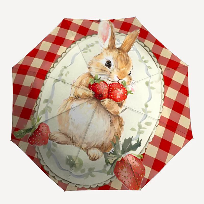 

1pc Bunny Strawberries Automatic Open/close Umbrella, 8-Rib sturdy structure, Artistic Pattern, Compact Design, Fashion Lovers l044