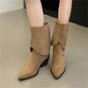 Eilyken Winter Designer Pointed Toe Women Knee High Boots Fashion Square Heels Buckle Fold Short Shoes Botas