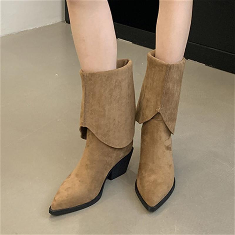 Eilyken Winter Designer Pointed Toe Women Knee High Boots Fashion Square Heels Buckle Fold Short Shoes Botas