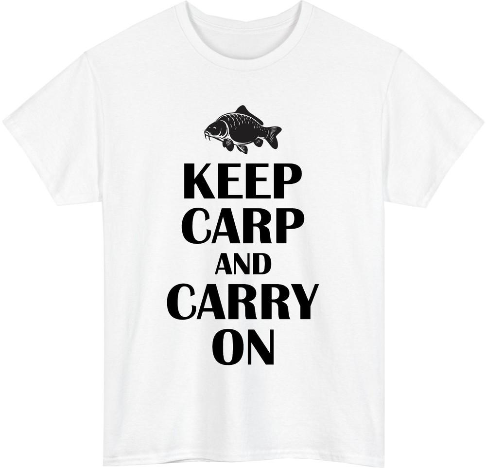 Keep carp and carry on t shirt funny fishing pun classic retro meme tee gift