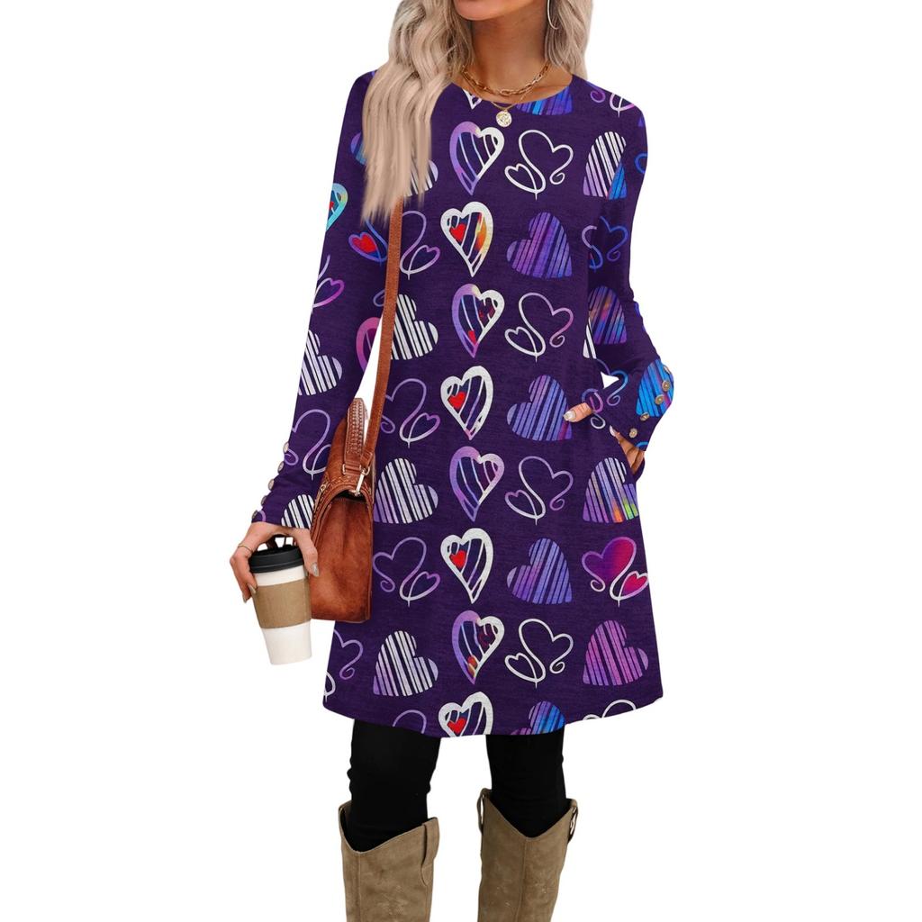 Women's Fashion Casual Pocket Decorative Button Dress Round Neck Long Sleeve Printed Dress