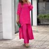 European Women's Cotton Linen Casual Plus Size Irregular Long Sleeve Top and Wide-Leg Pants Set