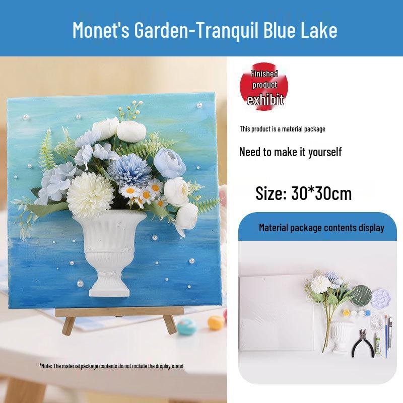 3D French Flower Arrangement DIY Kit: Monet’s Garden Oil Painting with Preserved Flowers & Plaster Ornaments - Ideal for Team Building Activities