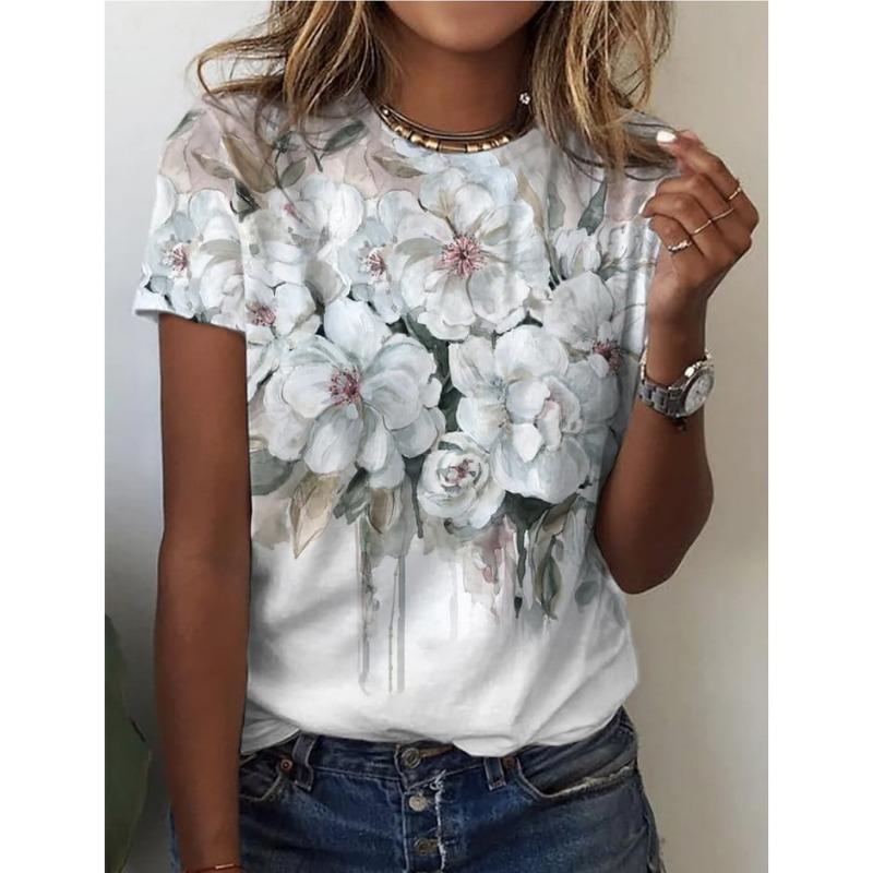 Colorful Flower Floral Butterfly 3D Print T-Shirts Women's Round-Neck Short Sleeve T Shirt Harajuku Tees Y2k Top Female Clothing