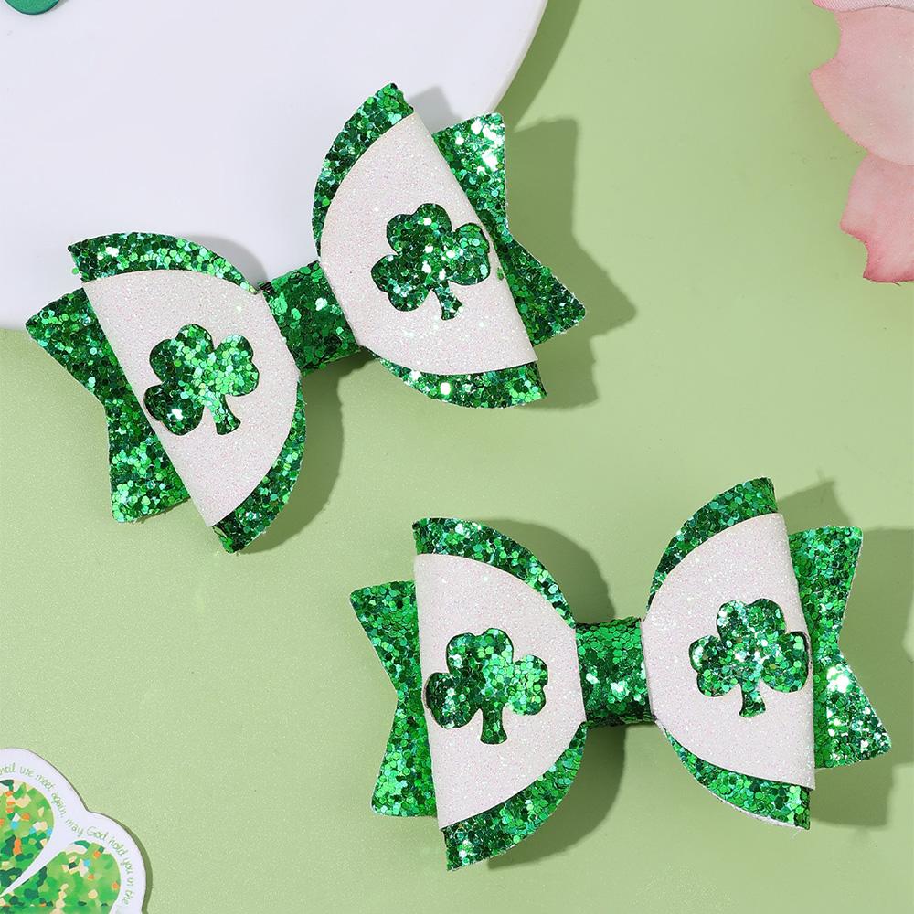 2Pcs Easter Clover Bow Hair Clip Sparkly Green Sequins Barrette Glitter Spring Shamrock Haipins Hair Accessories Headwear