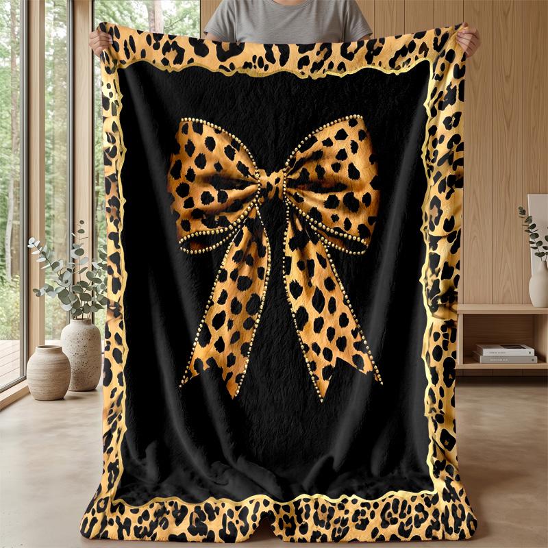 Leopard Print Bow Design Theme Blanket Lightweight Warm Flannel Blanket Decorative Throw Blanket for Home Decoration