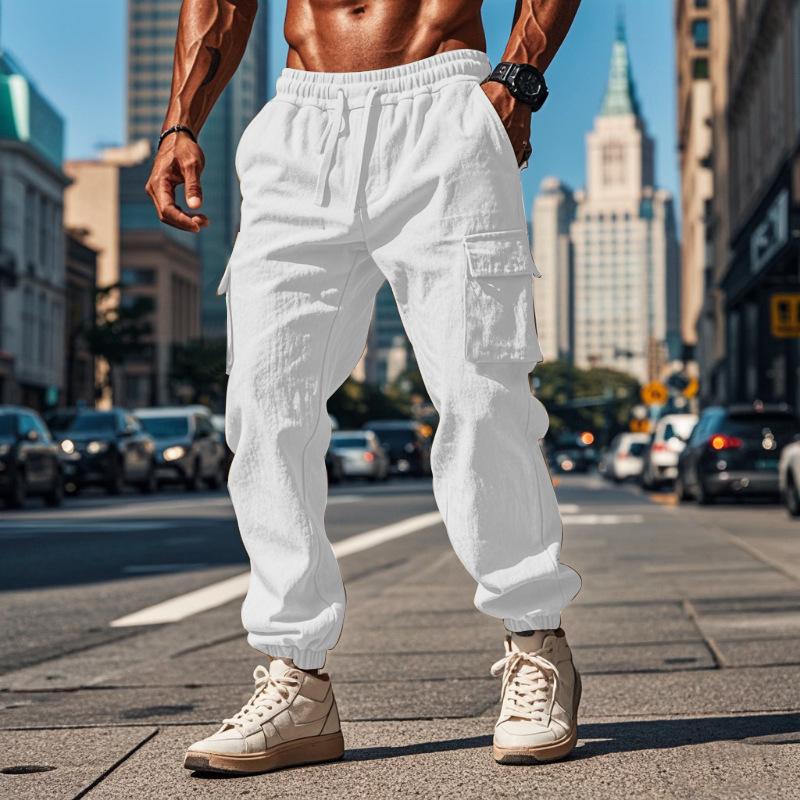 New Men s Casual Multi-Pocket Trousers with Front Closure and Drawstring Cotton-Linen Blend Straight-Leg Tapered Trousers S белый
