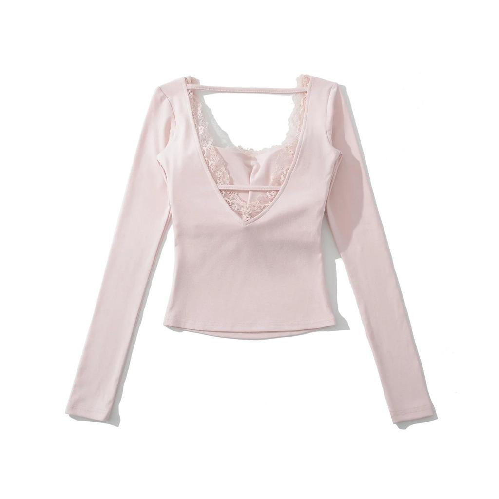 Women's Pure Desire Lace Trim Long Sleeve Slim Fit Top with Chest Pads - Ideal for Spring and Autumn