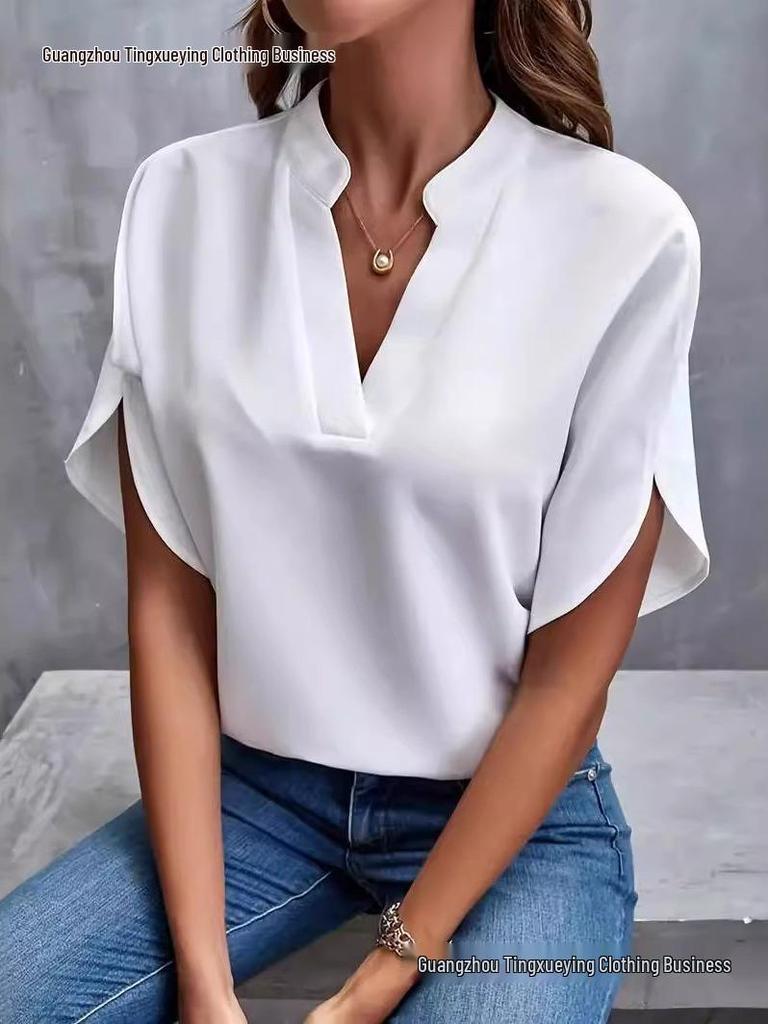 Women's Summer 2026 Solid Color V-neck Loose Shirt Top