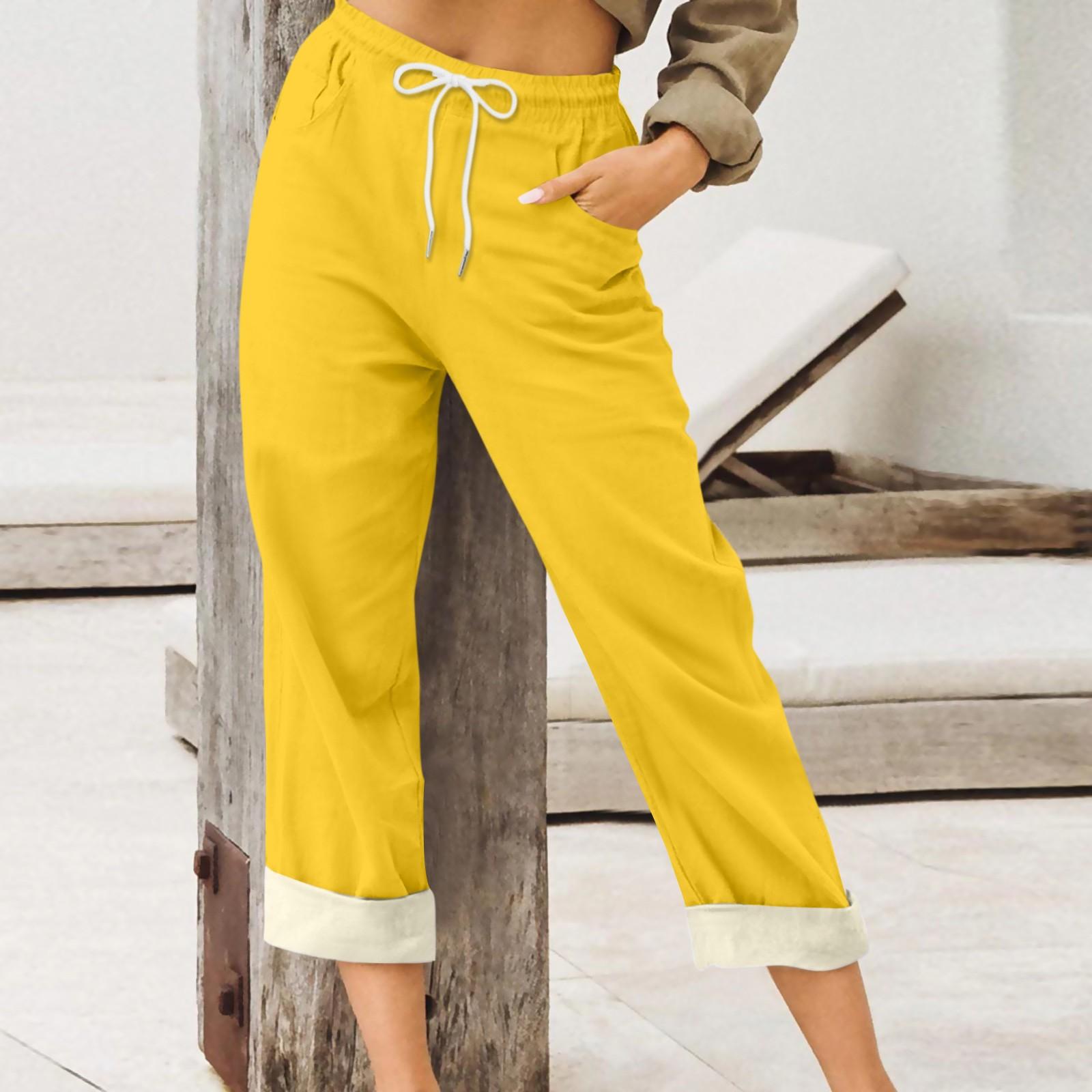 

Women s Pants Summer Wide Leg Casual Color Loose Drawstring High Waist Trousers With Pockets S жовтий