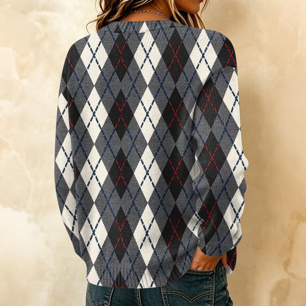 Women's Casual Plaid Print Long Sleeve Button Front Knit Cardigan Sweater Outerwear