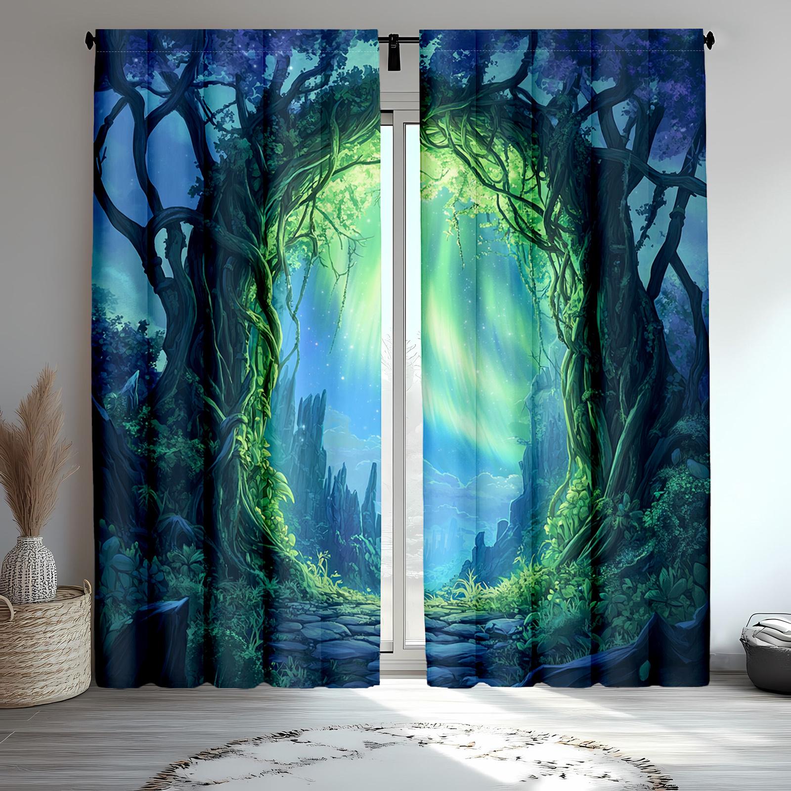 2pcs Moonlit Forest Curtains with Magic Trees and Full Moon Theme   Polyester   for Bedroom and Living Room 100*130 HOOK 1pcs