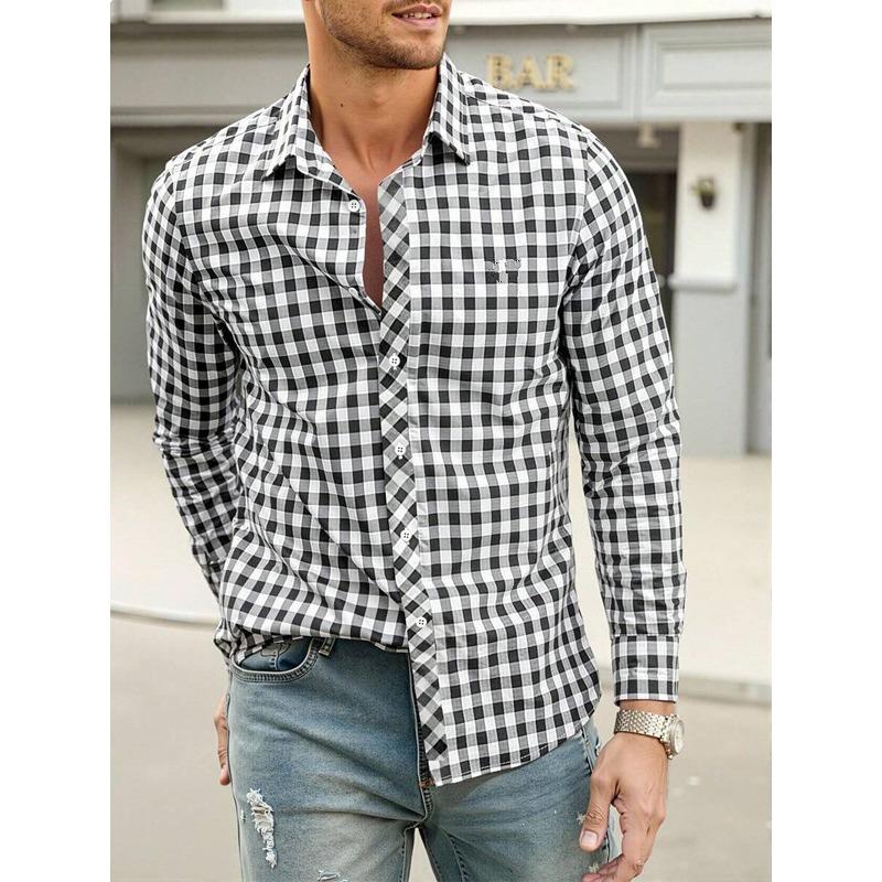 Men Casual 3d Digital Print Plaid Turn Down Collar Long Sleeve Breathable Shirt