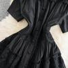 French Style Floral Pleated Square Neck Dress with Spliced Waist and Large Hem