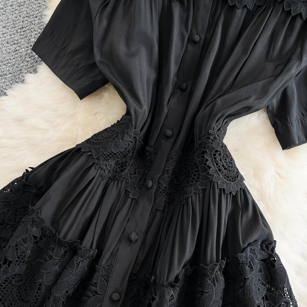 French Style Floral Pleated Square Neck Dress with Spliced Waist and Large Hem