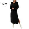Knit Sweater Dress Women for Fall Winter, Ribbed Long Sleeve with Soft Midi Dresses Side Split, Solid Color Casual Collared V Neck