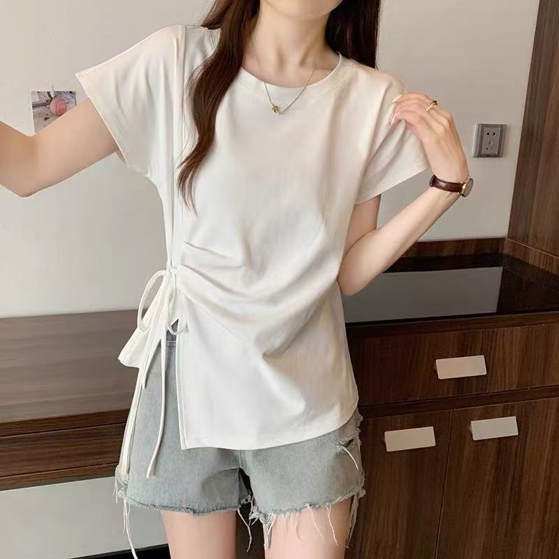 Women's Solid Color T-shirt Crew Neck Lace Up Pleated Ladies Short Sleeved T-shirts Summer Casual Irregular Famale Top