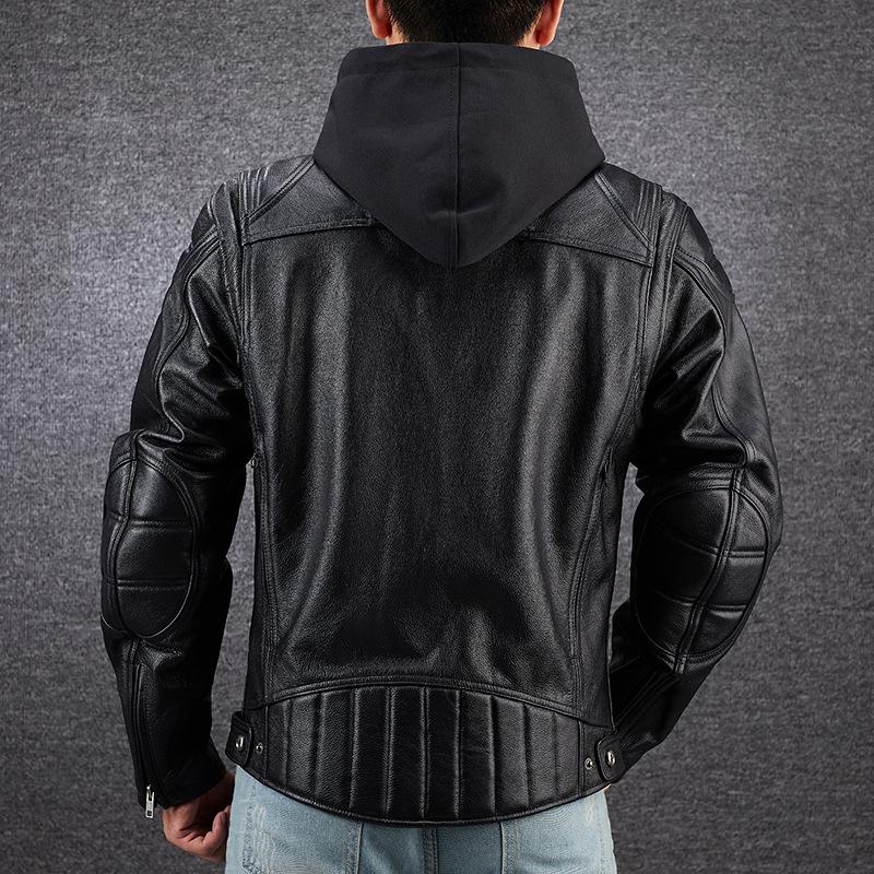 Men's First-layer Cowhide Leather Jacket with Removable Hood, Protective Gear and Pocket