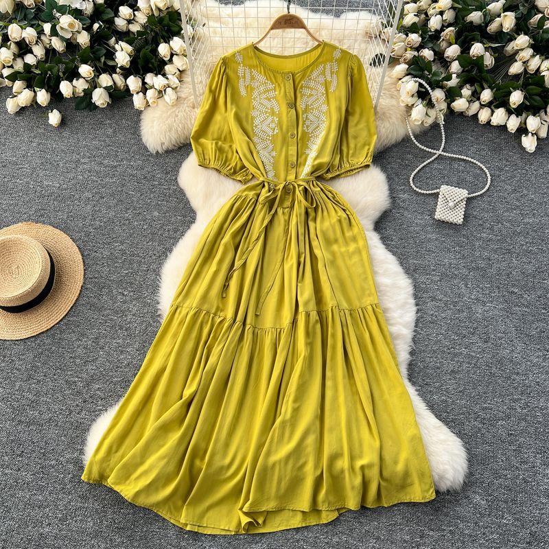

Artsy Retro Crew Neck Puff Sleeve Dress Female Machine Embroidery Waist Trimming Lace up Loose Slim Looking A- line Big Hem Dress Yellow All yards