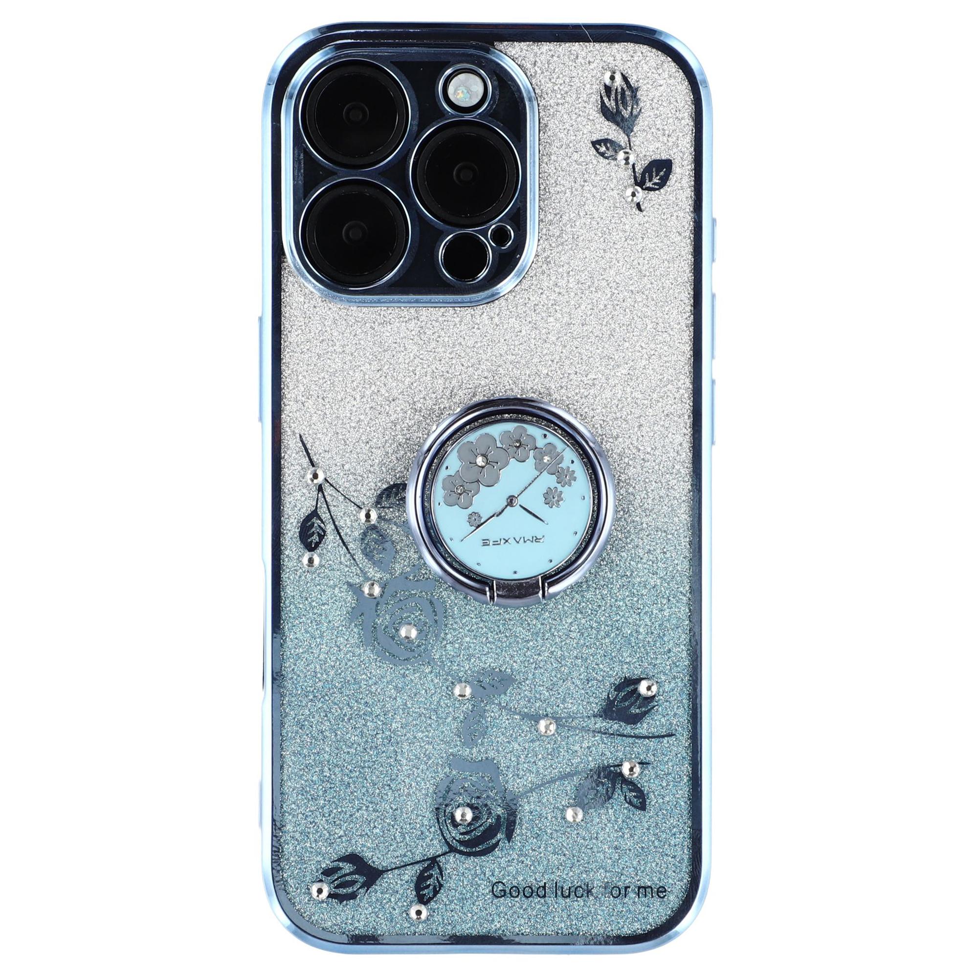

KADEM For iPhone 16 Pro Max Case TPU Gradient Flowers Phone Cover Ring Kickstand Blue