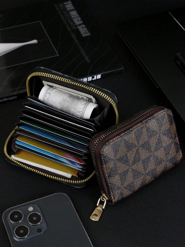 Stylish Checkered Pattern Card Holder - Vintage Zipper Small Wallet - Portable Lightweight Card Case for Men and Women