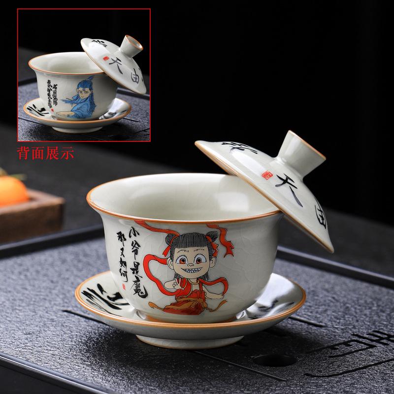 Nezha Attacks the Sea Series Cultural Creation Ru Kiln Open Pattern Personal Use Master Cup High-end Tea Cup Three Talents Cover