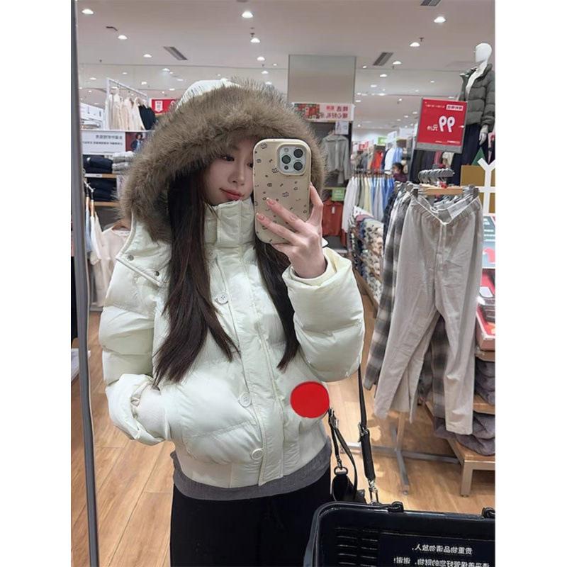 Autumn Winter Women's Fur Hooded Jacket Women Outerwear Thick Down Cotton Padded Slim Short Parkas Female Cropped Puffer Bubble Coat