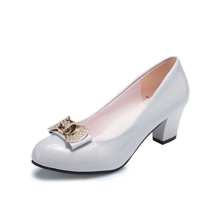 Fashion Women Autumn Round-toe Metal Bow Rhinestone Chunky Heels Single Shoes Elegant Heel Women's Shoes Fashion Soft Leather Work Pumps